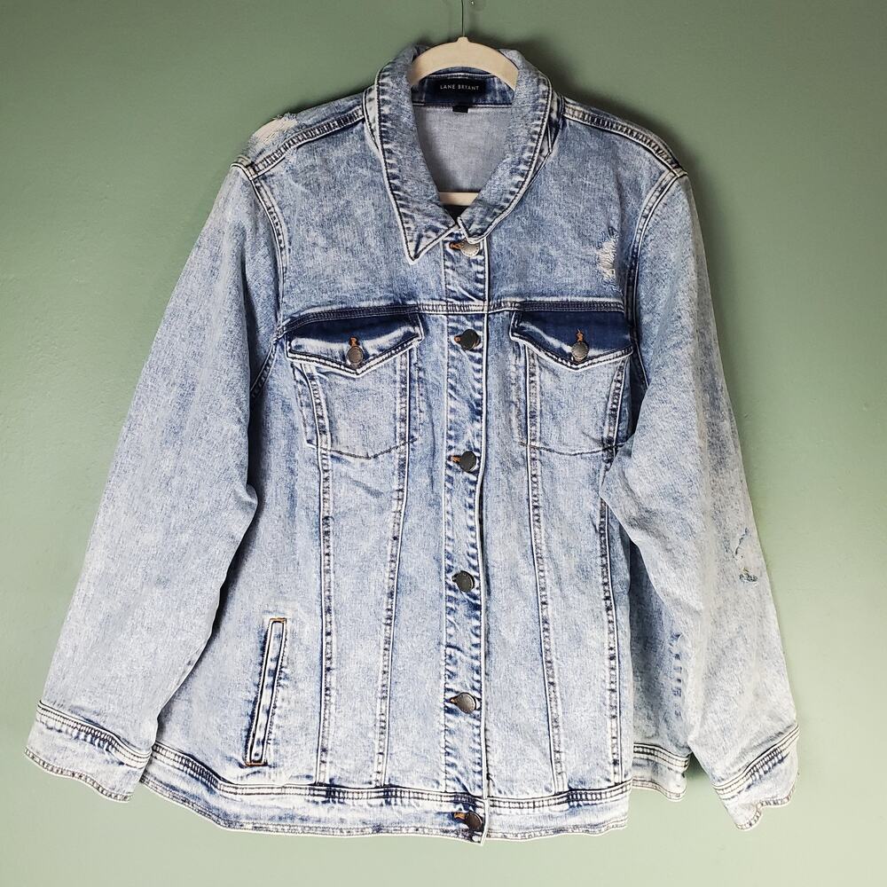 Lane Bryant Womens Acid Light Wash Distressed Denim Jean Jacket Size 24